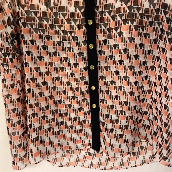 Aqua blouse SZ M sheer hi-low hem abstract print button down causal offi… - Picture 3 of 8